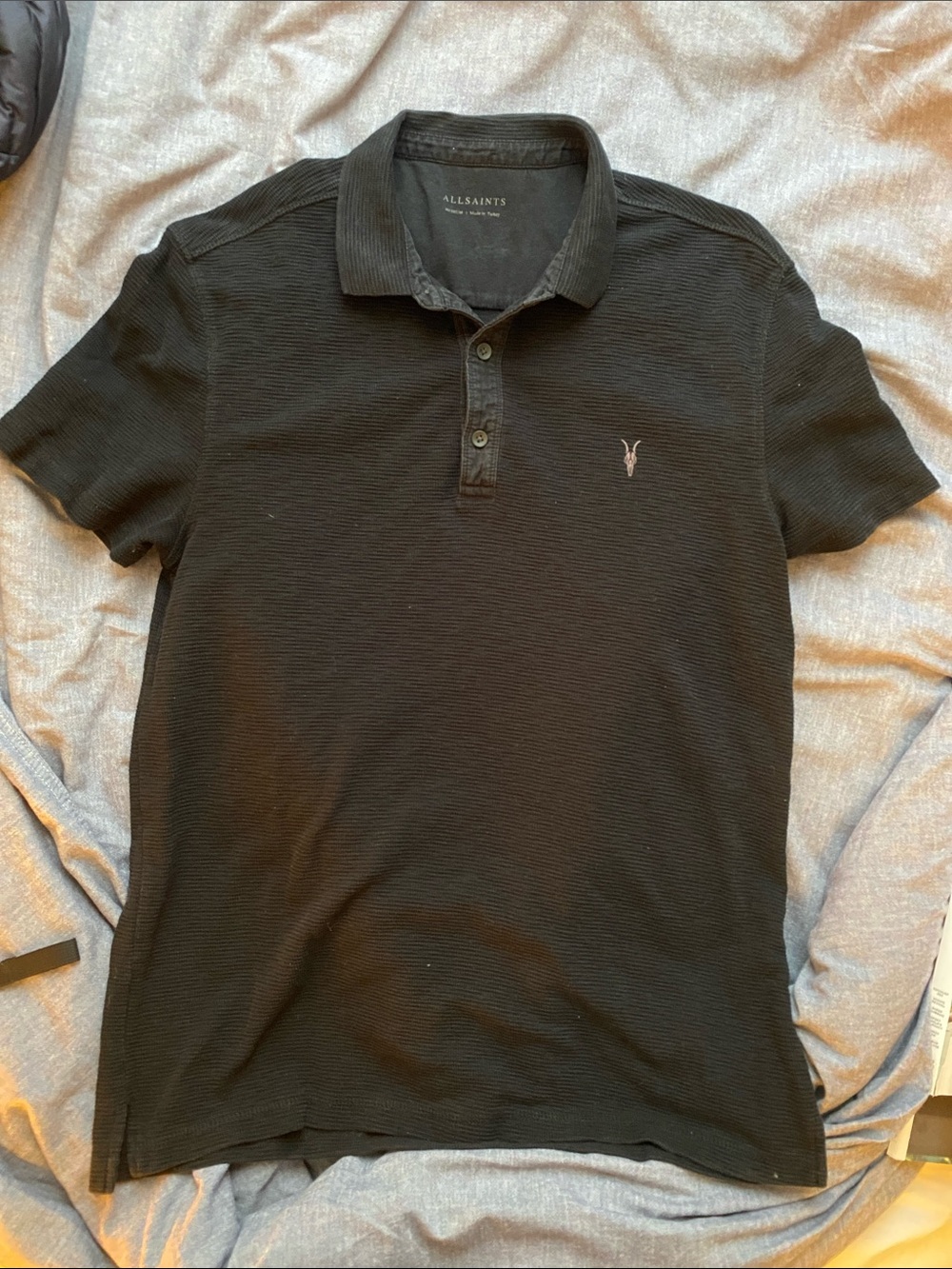 AllSaints Black Short-Sleeve Polo with Embroidered Logo